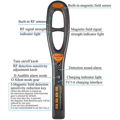 Compact RF Spy Detector with Audio, LED, and Vibe Alerts