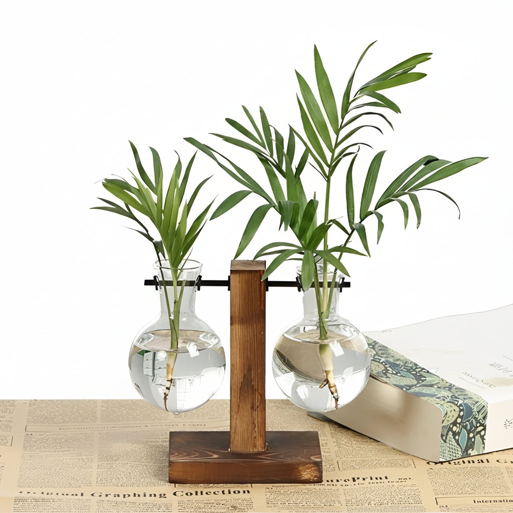 Indoor Glass Planter with Wood Base
