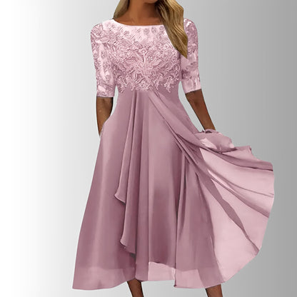 Beautiful Floral Tea Length Dress with Flared Skirt