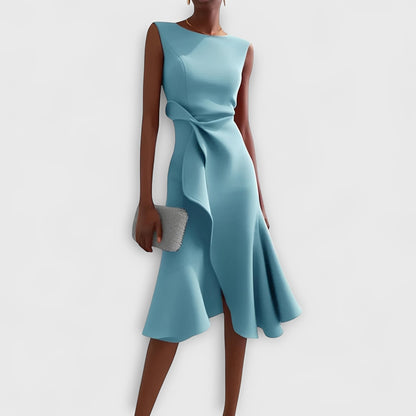 Flowy Off Shoulder Midi Dress with Ruffled Hem Detail