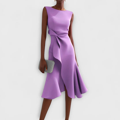 Flowy Off Shoulder Midi Dress with Ruffled Hem Detail