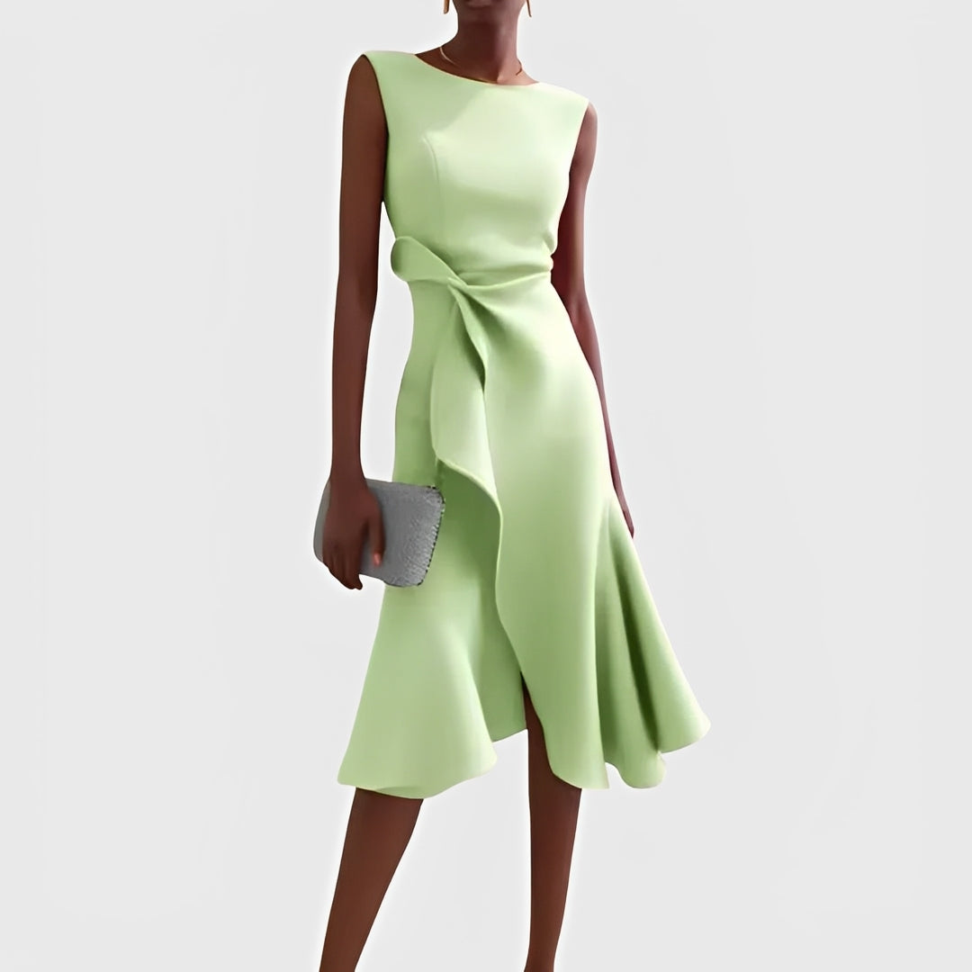 Flowy Off Shoulder Midi Dress with Ruffled Hem Detail