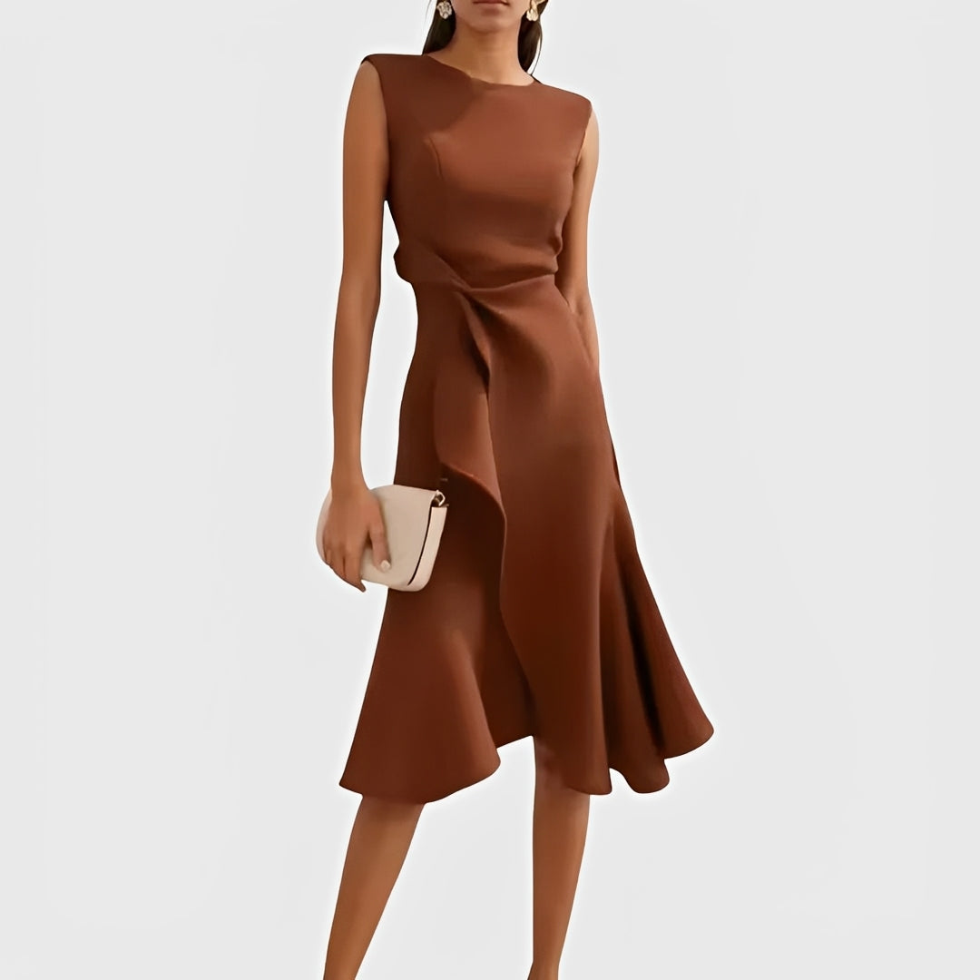 Flowy Off Shoulder Midi Dress with Ruffled Hem Detail