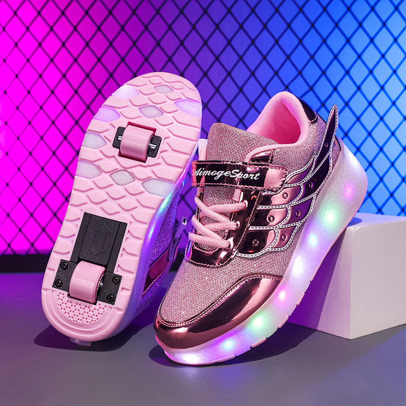 LED Light-Up Wheeled Sneakers for Kids – Pink Canvas High-Top with Wing Design & USB Charging for Girls & Teens