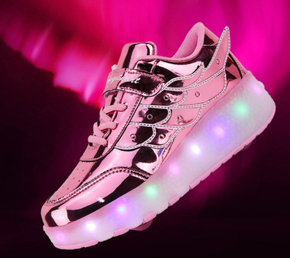 LED Light-Up Wheeled Sneakers for Kids – Pink Canvas High-Top with Wing Design & USB Charging for Girls & Teens