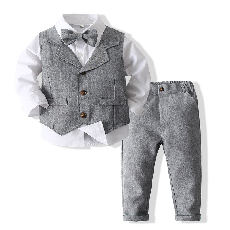 Boys Formal Outfit 3-Piece Set with Shirt Vest Pants Bow Tie Navy Light Blue for Weddings Parties Special Occasions Toddler Kids