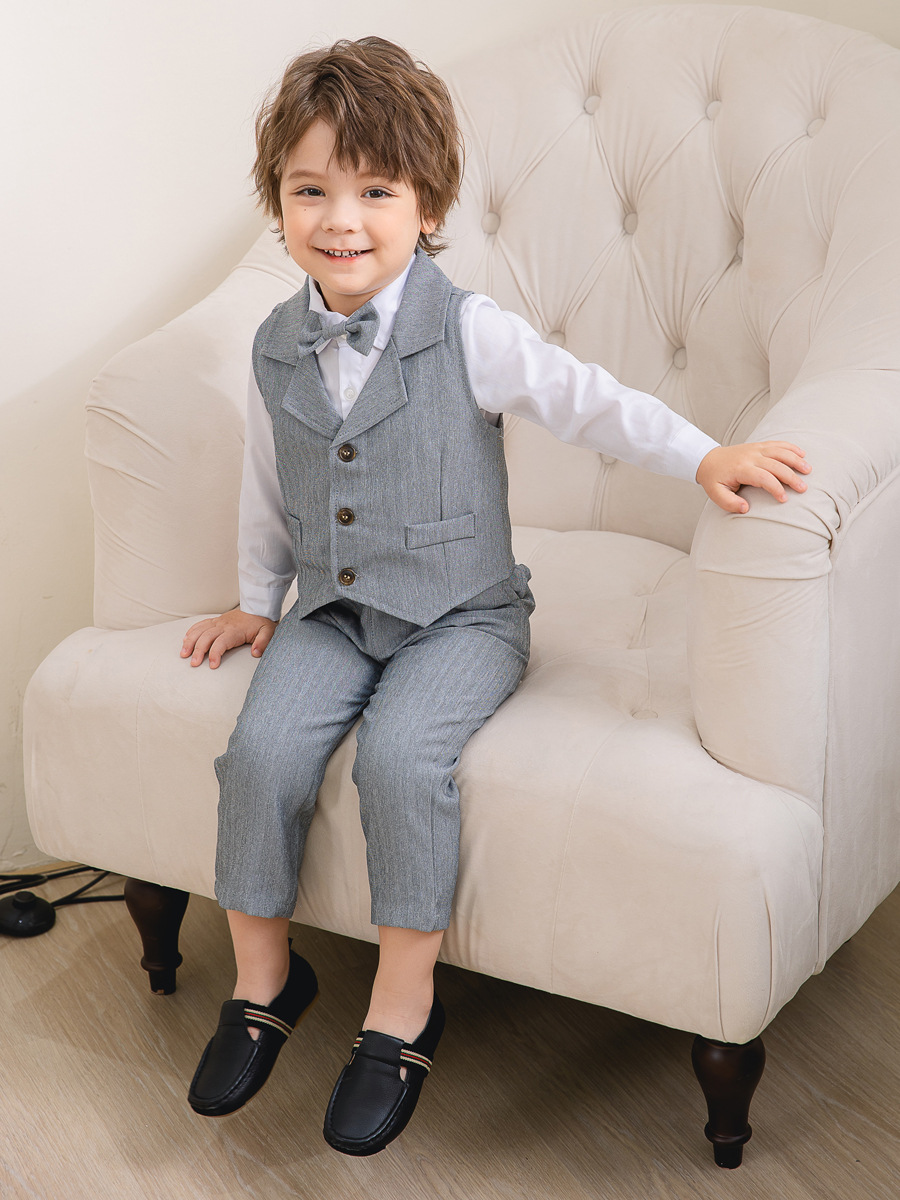 Boys 3-Piece Formal Suit Set with Shirt, Vest, Pants & Bow Tie for Weddings, Parties & Special Occasions | Soft Cotton Dress Outfit