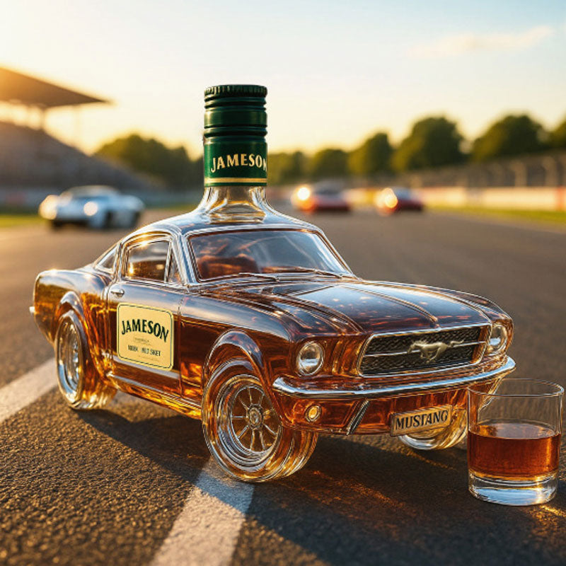 Classic American Muscle Car Glass Liquor Dispenser with Detailed Automotive Silhouette for Home Bar Display