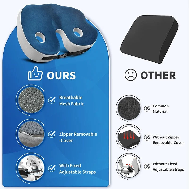 Memory Foam Seat Cushion with Tailbone Cutout for Office Chair, Car & Wheelchair – Ergonomic Support for Lower Back & Hip Pain Relief