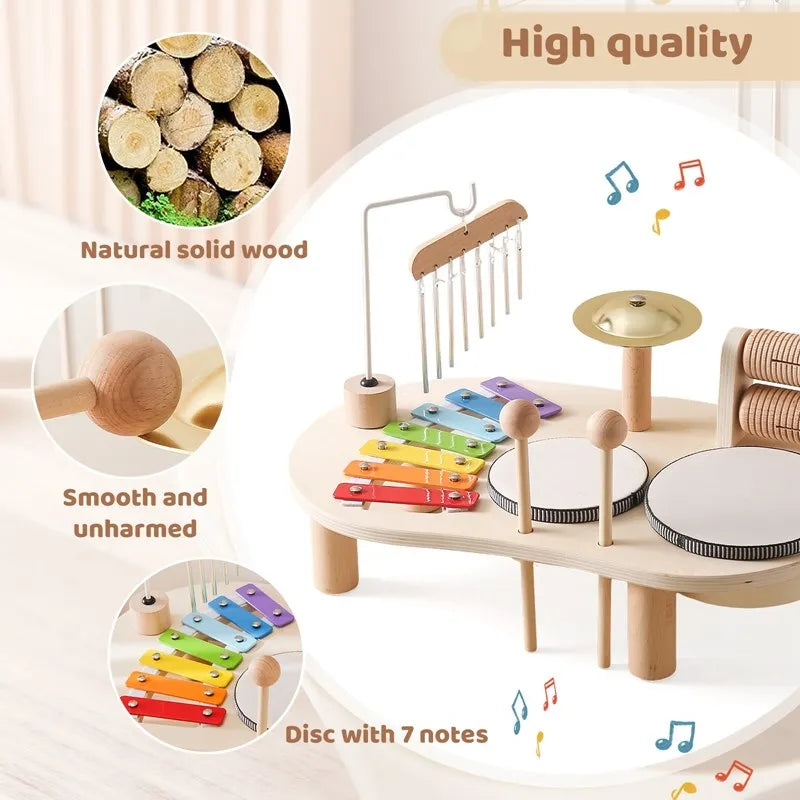 Wooden Musical Instrument Station for Kids - Xylophone, Drums & Bell Learning Toy for Toddlers Ages 3+