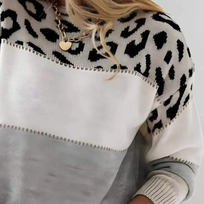 Wildlife Pattern Crew Neck Sweater with Leopard Print