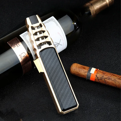 Refillable Butane Jet Flame Lighter with Carbon Fiber & Wood Finish for Outdoor Use, Camping, Cigars