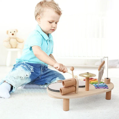 Wooden Musical Activity Center for Toddlers Rhythm Development Toy Percussion Set with Drum & Tone Bars Motor Skill Builder Ages 3+