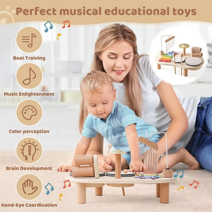 Wooden Musical Instrument Station for Kids - Xylophone, Drums & Bell Learning Toy for Toddlers Ages 3+