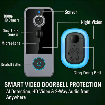 Wireless Video Doorbell with HD Camera, Motion Alerts & Night Vision – Rechargeable, Weather-Resistant, No Monthly Fees