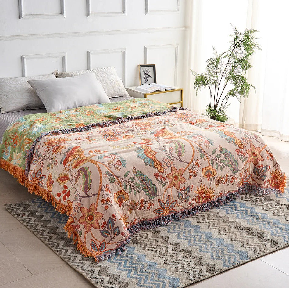 Colorful Floral Blanket with Bohemian Tassel Trim