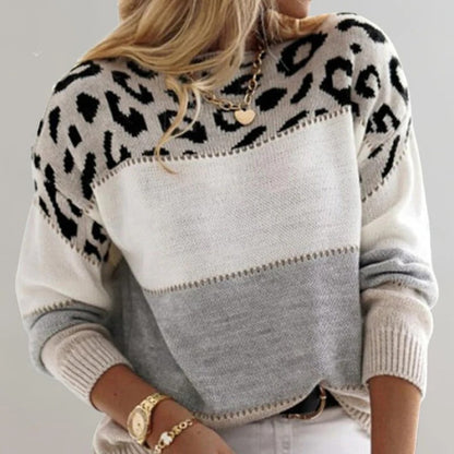 Wildlife Pattern Crew Neck Sweater with Leopard Print