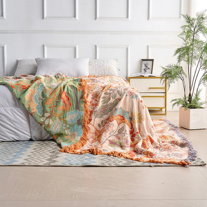 Colorful Floral Blanket with Bohemian Tassel Trim