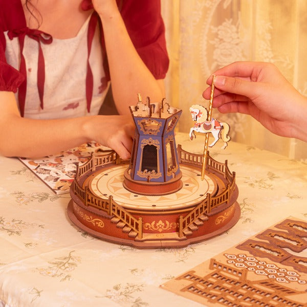 Colorful Wooden Musical Carousel Box with Rotating Pieces