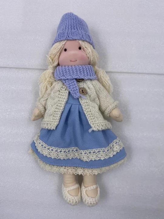 Handcrafted Fabric Play Doll for Toddlers and Kids - Plush Head Cuddly Companion 11 inches Tall Blue Nursery Toy for Imaginative Pretend Pla