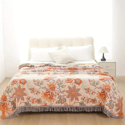 Colorful Floral Blanket with Bohemian Tassel Trim