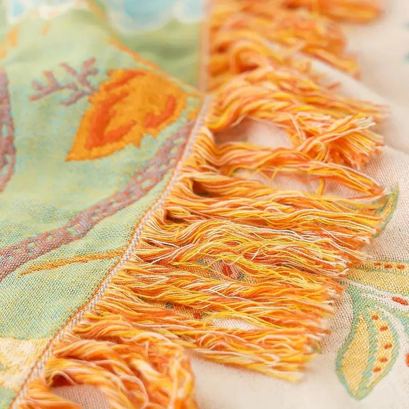Colorful Floral Blanket with Bohemian Tassel Trim