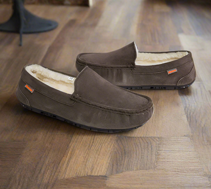 Men's Lined Moccasin Slippers with Soft Sherpa Fleece & Non-Slip Rubber Sole for Indoor & Outdoor Comfort