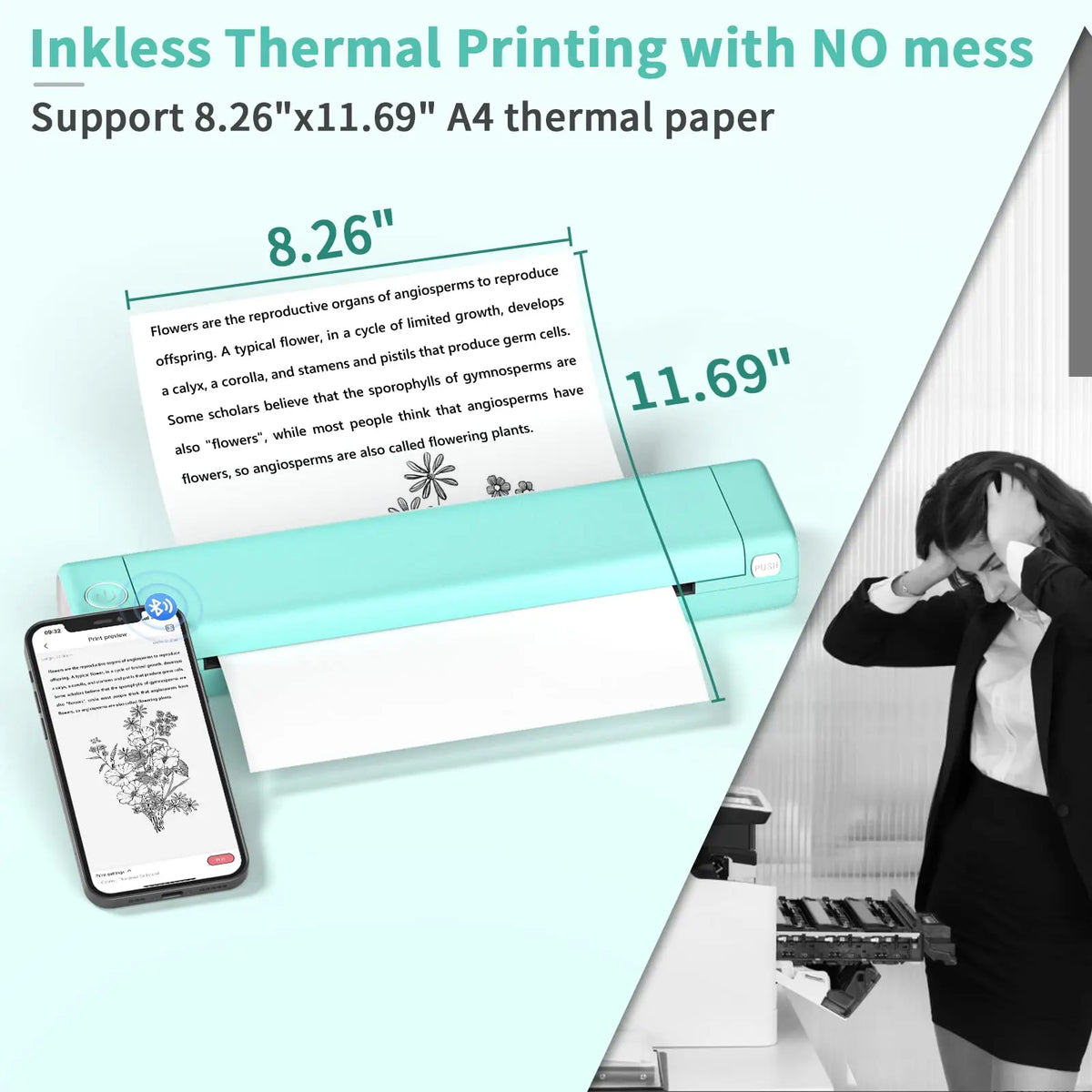 Portable Bluetooth Thermal Printer 6-Inch Inkless Document Photo Print USB Powered for Home Office Travel Notes Forms Labels