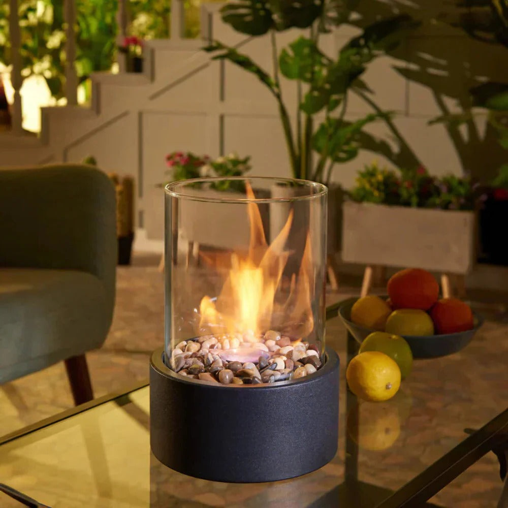 Compact Indoor Fire Pit with Glass and Metal Frame