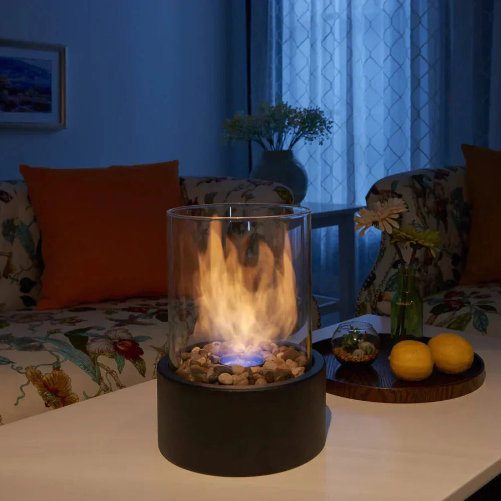 Compact Indoor Fire Pit with Glass and Metal Frame
