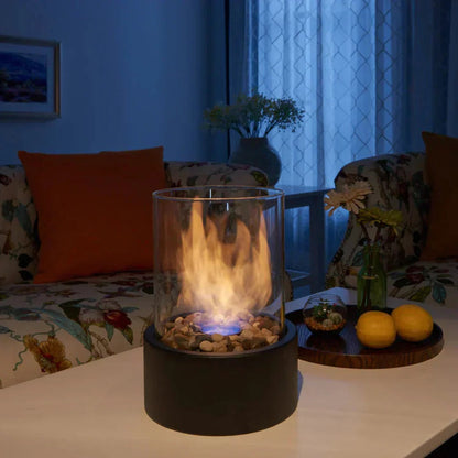 Compact Indoor Fire Pit with Glass and Metal Frame