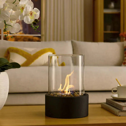 Compact Indoor Fire Pit with Glass and Metal Frame