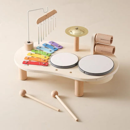 Wooden Musical Activity Center for Toddlers Rhythm Development Toy Percussion Set with Drum & Tone Bars Motor Skill Builder Ages 3+