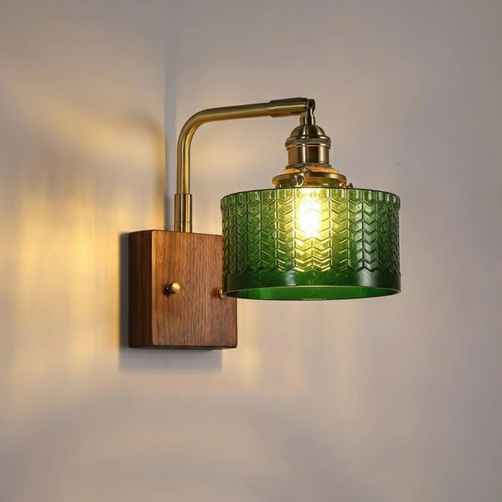 Handcrafted Wall Sconce with Textured Glass Shade & Natural Wood Bracket for Living Room, Bedroom, Hallway