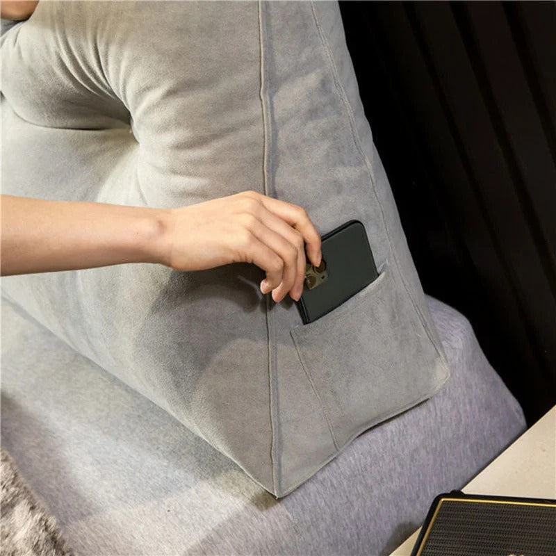 Upholstered Wedge Pillow for Sitting Up in Bed Gray Linen Triangular Back Support with Storage Pocket Bedroom Wall Cushion