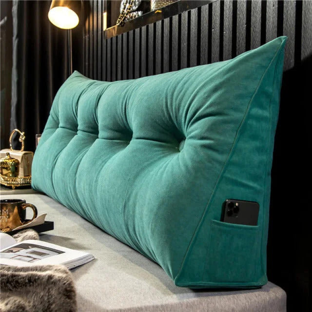 Upholstered Wedge Pillow for Sitting Up in Bed Gray Linen Triangular Back Support with Storage Pocket Bedroom Wall Cushion
