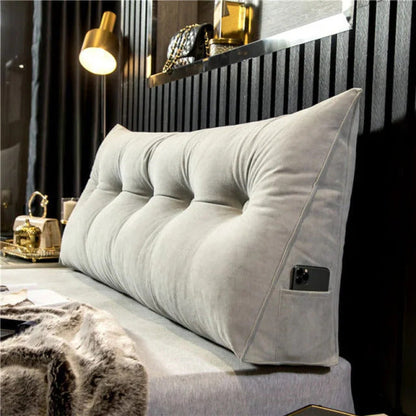 Upholstered Wedge Pillow for Sitting Up in Bed Gray Linen Triangular Back Support with Storage Pocket Bedroom Wall Cushion