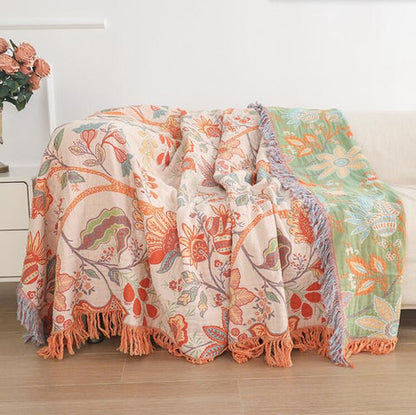 Ravelle Boho Blanket - 100% Cotton, Floral Design with Fringe