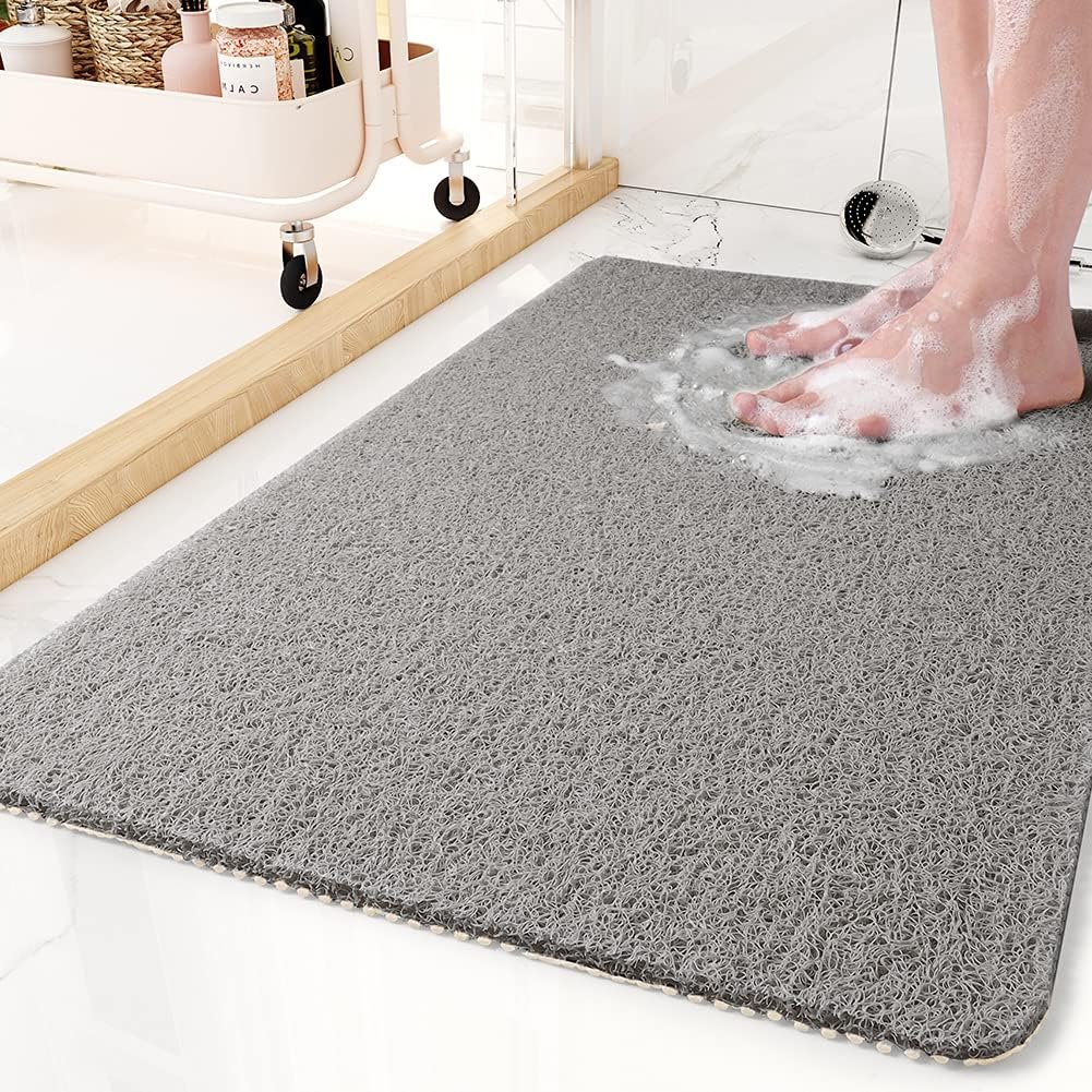 Anti-Slip Bath Mat with Fast-Draining Holes, Soft Grip Texture, Gray Vinyl Surface for Wet Floors, Customizable Trimming for Showers, Bathro
