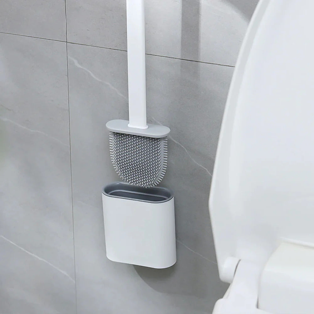 Wall-Mount Silicone Toilet Brush Set White Quick-Dry Flexible Head Hygienic Bathroom Cleaner Compact Space-Saver for Guest Bath En-Suite Mod
