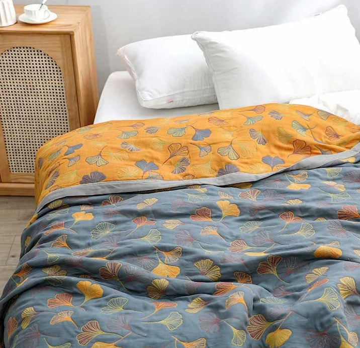Reversible Cotton Throw Blanket with Botanical Leaf Print – Yellow & Blue Double-Sided Quilt for Couch, Bed, Picnic & Wall Hanging