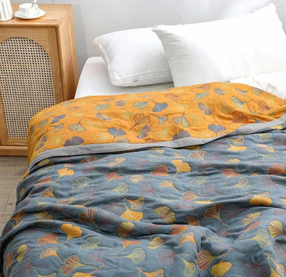 Reversible Ginkgo Leaf Throw Blanket Yellow Blue Botanical Print Soft Quilt for Couch Bed Sofa Beach Picnic Home Decor for Living Room