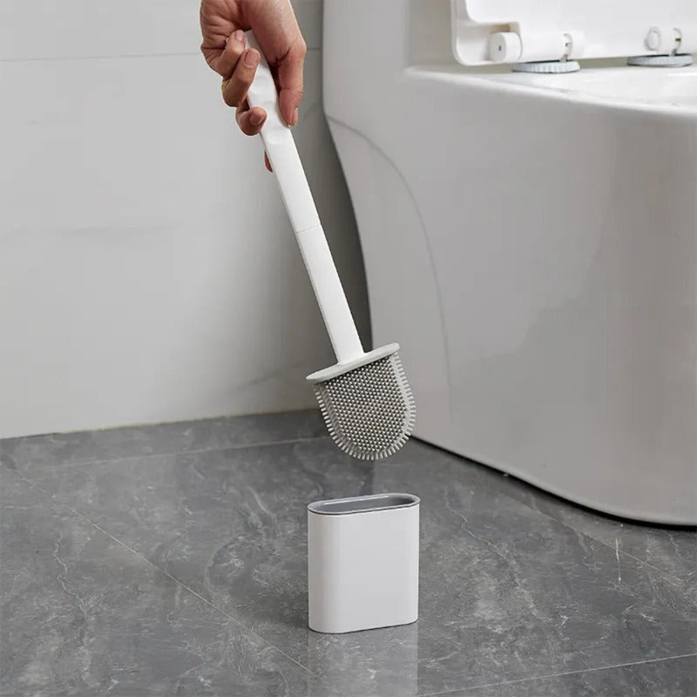 Wall-Mount Silicone Toilet Brush Set White Quick-Dry Flexible Head Hygienic Bathroom Cleaner Compact Space-Saver for Guest Bath En-Suite Mod