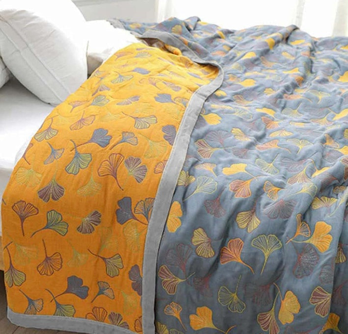 Reversible Cotton Throw Blanket with Botanical Leaf Print – Yellow & Blue Double-Sided Quilt for Couch, Bed, Picnic & Wall Hanging