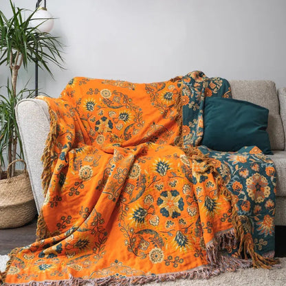 Reversible Cotton Throw Blanket with Floral Pattern Orange & Teal for Couch Sofa Bed Picnic Beach Home Decor