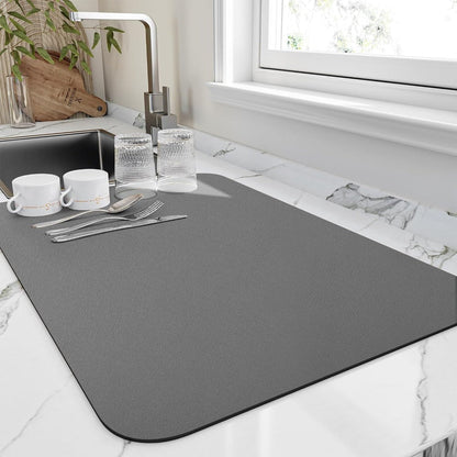 Super-Absorbent Diatomite Kitchen Counter Mat Gray 16x12 Inches Fast-Drying Dish Drainer Pad Sink Protector Space-Saving Flatware Organizer