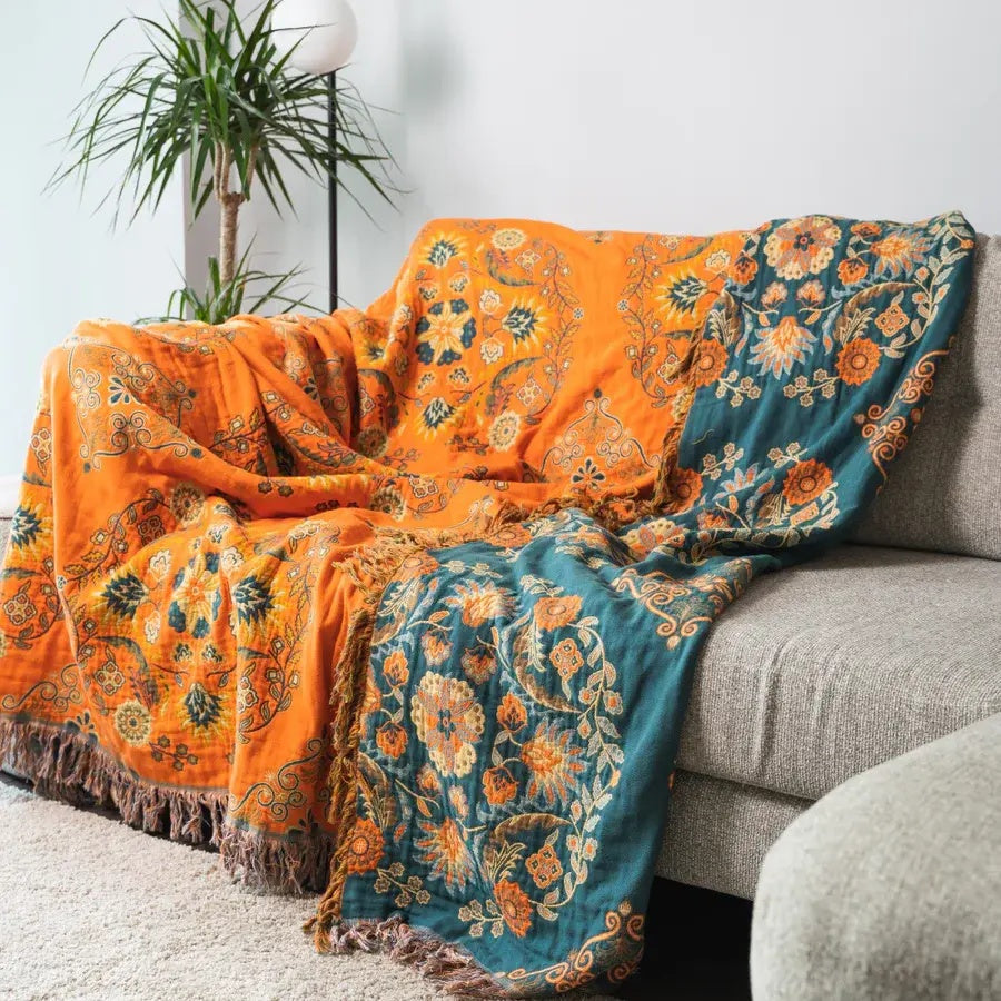 Reversible Cotton Throw Blanket Floral Orange & Teal Double-Sided Soft Gauze for Couch Bed Picnic Beach Sofa Cover Decor
