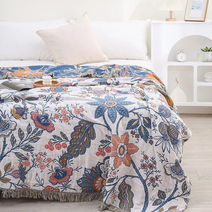 100% Cotton Jacquard Throw Blanket with Tassels – Reversible Floral Decorative Sofa Cover for All Seasons, Lightweight Woven Couch Throw