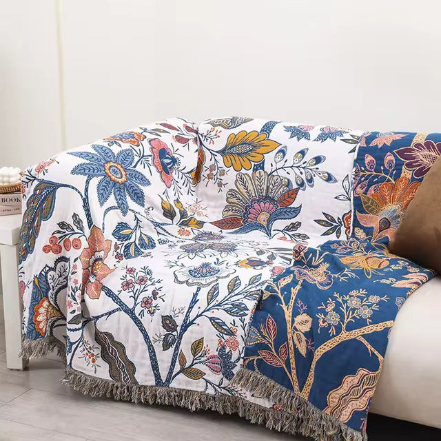 100% Cotton Jacquard Throw Blanket with Tassels – Reversible Floral Decorative Sofa Cover for All Seasons, Lightweight Woven Couch Throw