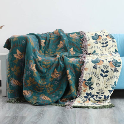 Cotton Throw Blanket Double-Sided Bird & Floral Design 100% Natural Fiber for Couch Bed Sofa Living Room Bedroom Decor Fringe Accents